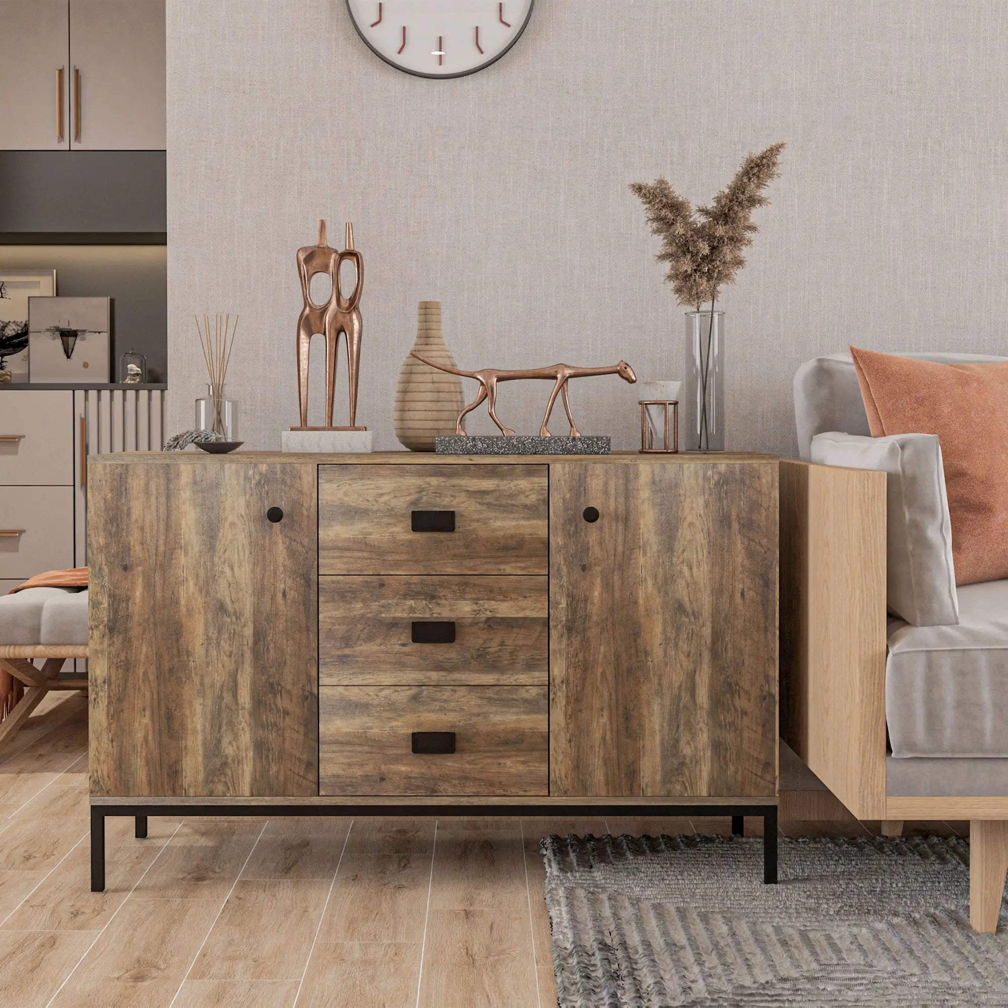 Industrial Sideboard Cabinet, 2 Doors, 3 Drawers, Shelves, Brown Bar Cabinets at Gallery Canada