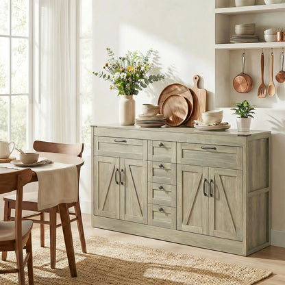 55" Farmhouse Sideboard Buffet Cabinet, 4 Barn Doors, 6 Drawers, Grey Bar Cabinets at Gallery Canada