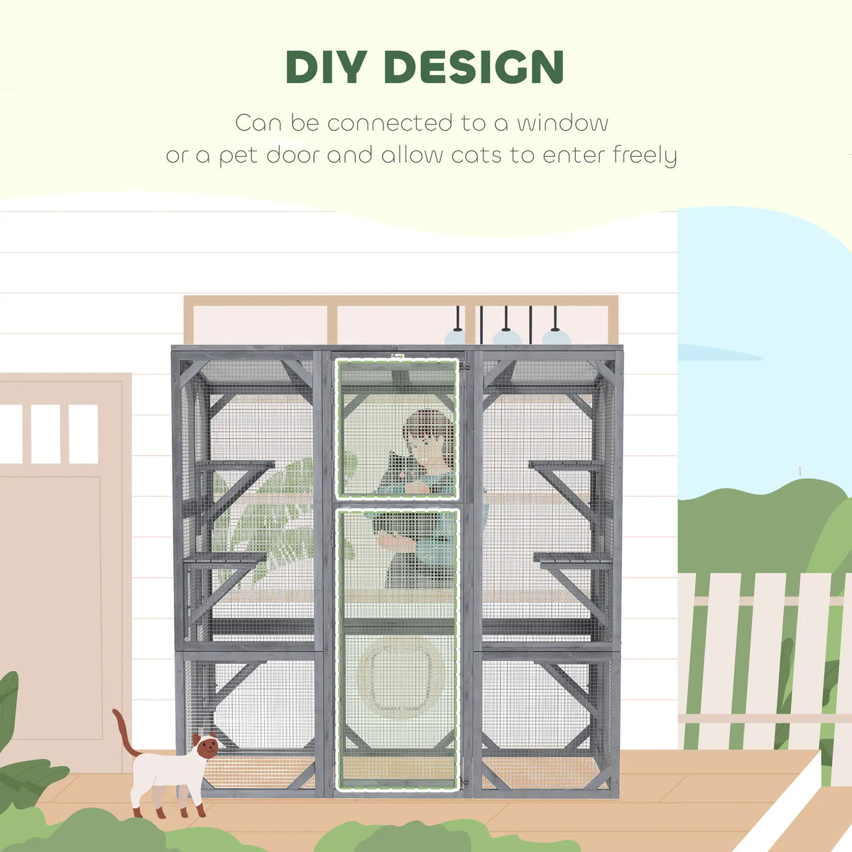 Outdoor Cat Enclosure, 6 Jumping Platforms, Weatherproof Roof, Large Door, 59" x 28" x 60", Grey Outdoor Cat Enclosures at Gallery Canada