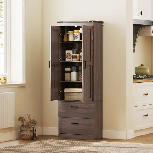 67" Tall Kitchen Pantry Cabinet, Doors, Drawers, Adjustable Shelves Kitchen Pantry Cabinets Distressed Brown at Gallery Canada