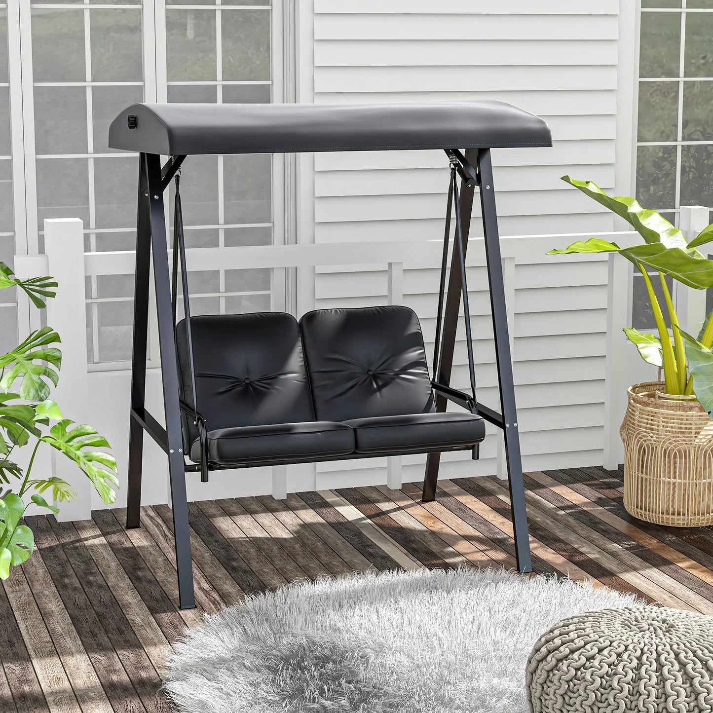 2-Seater Outdoor Porch Swing, Adjustable Canopy, Black Patio Swings with Stand at Gallery Canada