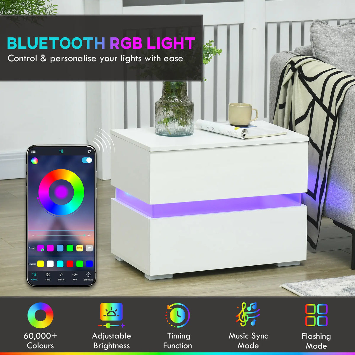 Modern Nightstand, 2 Drawers, USB RGB LED Lights, Remote, White Bedside Tables at Gallery Canada
