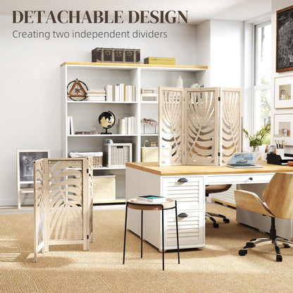 3 Panel Room Divider, Detachable Folding Privacy Screen, Palm Leaf Design, Natural Wood Finish Room Dividers at Gallery Canada