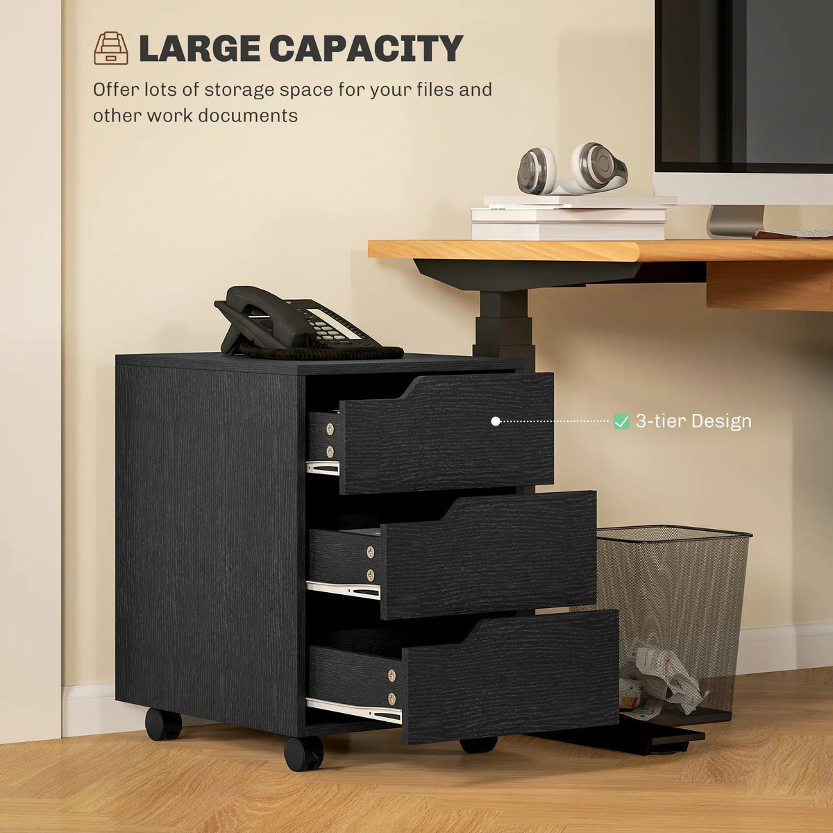 3 Drawer File Cabinet, Vertical with Wheels, Mobile Printer Stand, Black Office Cabinets & Cupboards at Gallery Canada