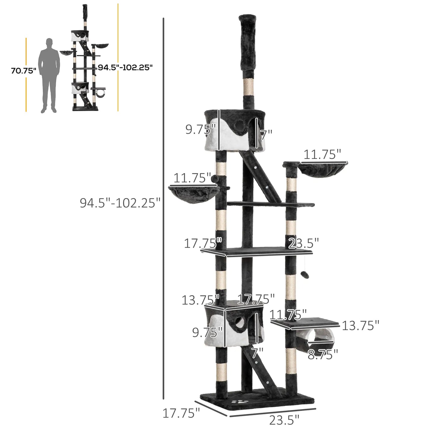 94"-102" Floor to Ceiling Cat Tree, Multi-Level Play House, Scratching Post Floor to Ceiling Cat Trees at Gallery Canada
