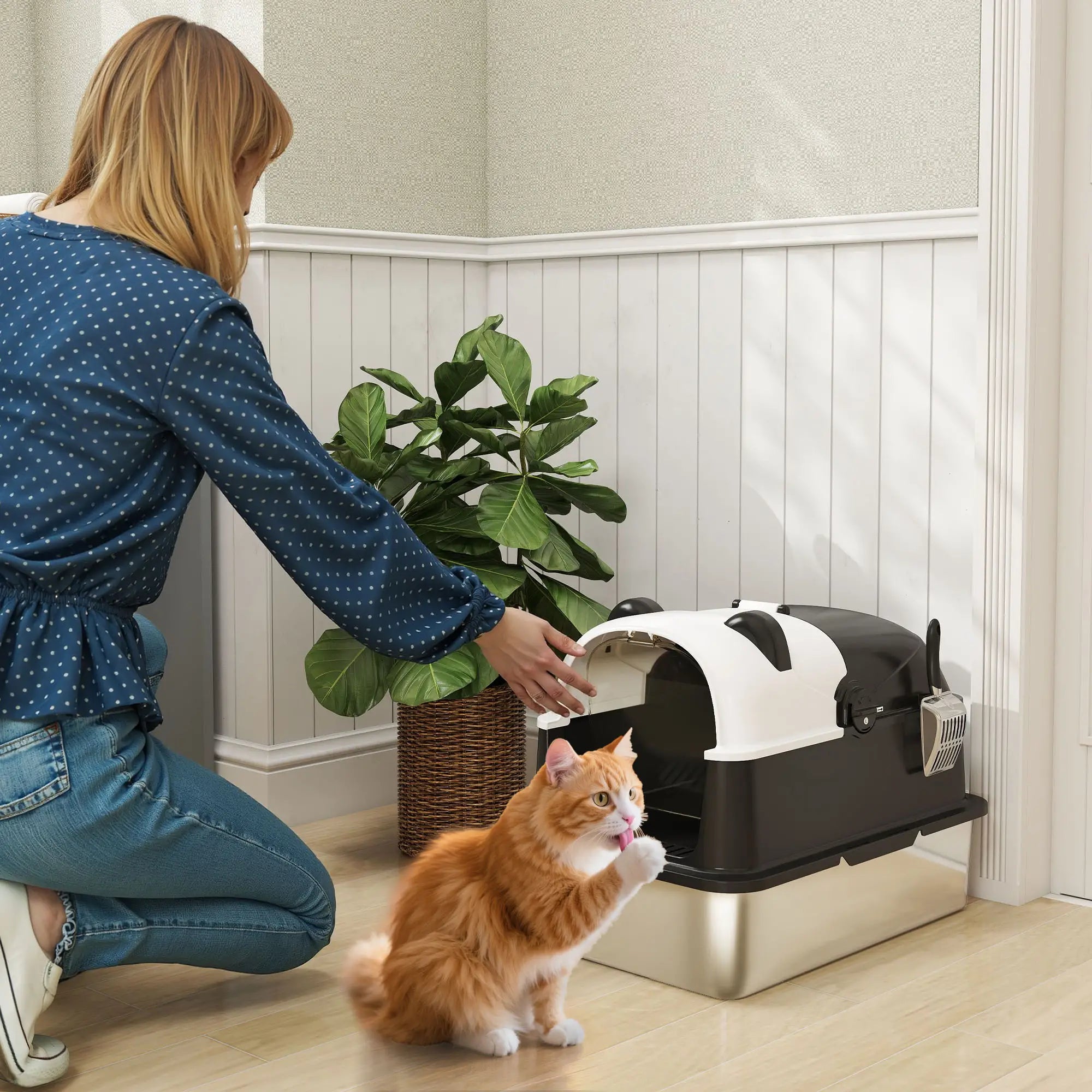 XL Stainless Steel Cat Litter Box with Lid, Scoop, 23.7