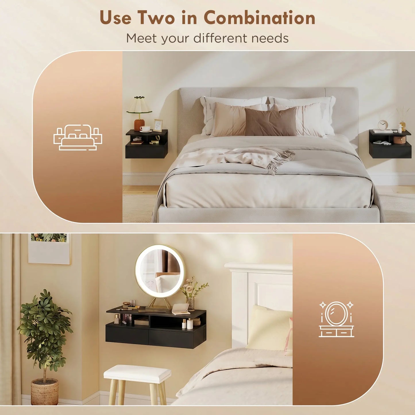 Floating Nightstand Set of 2, Wall Mounted Bedside Table with with Power Outlets, Drawer and Shelf, Black Bedside Tables at Gallery Canada