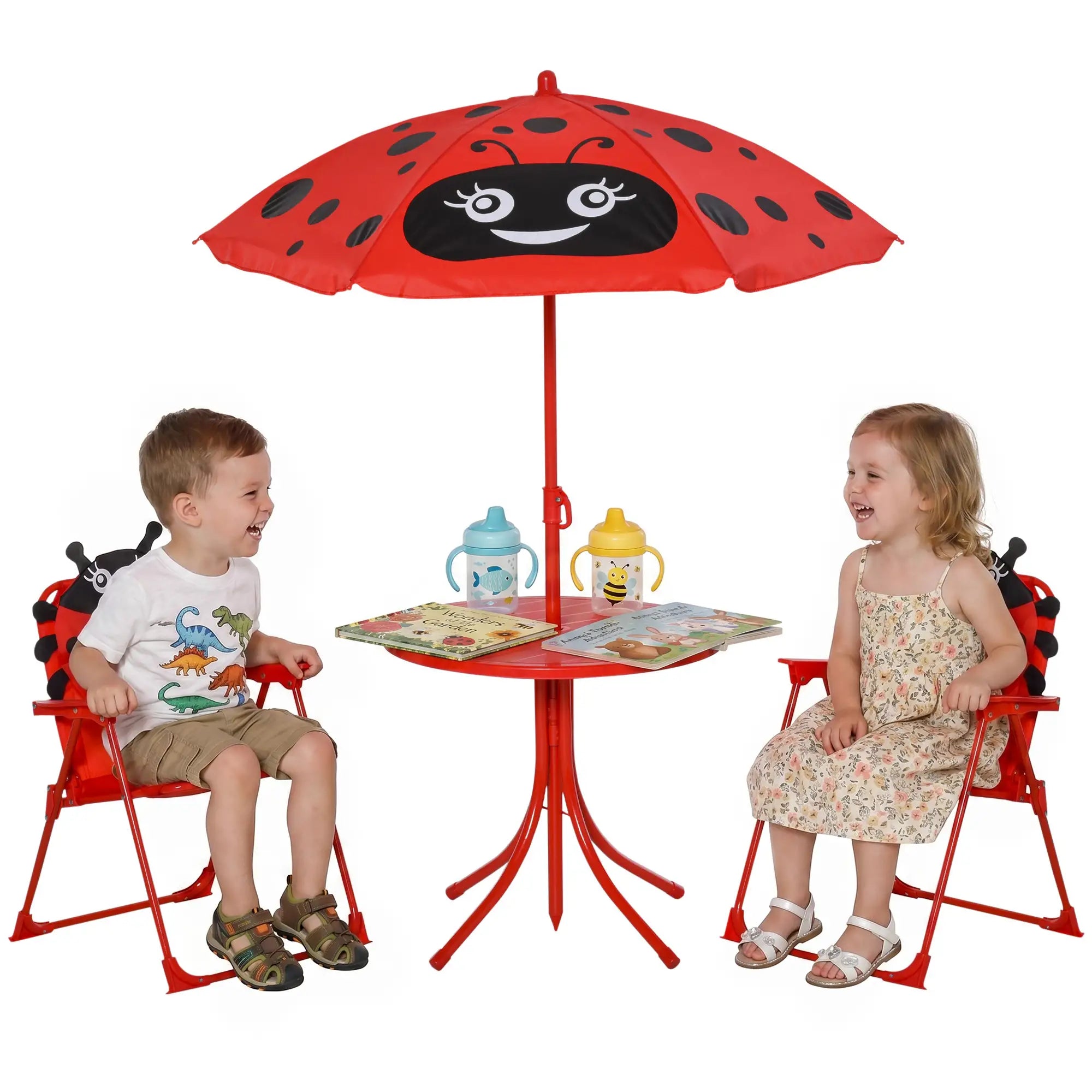 Kids Folding Picnic Table, Chair Set, Adjustable Umbrella, Red Kids Outdoor Furniture Red at Gallery Canada