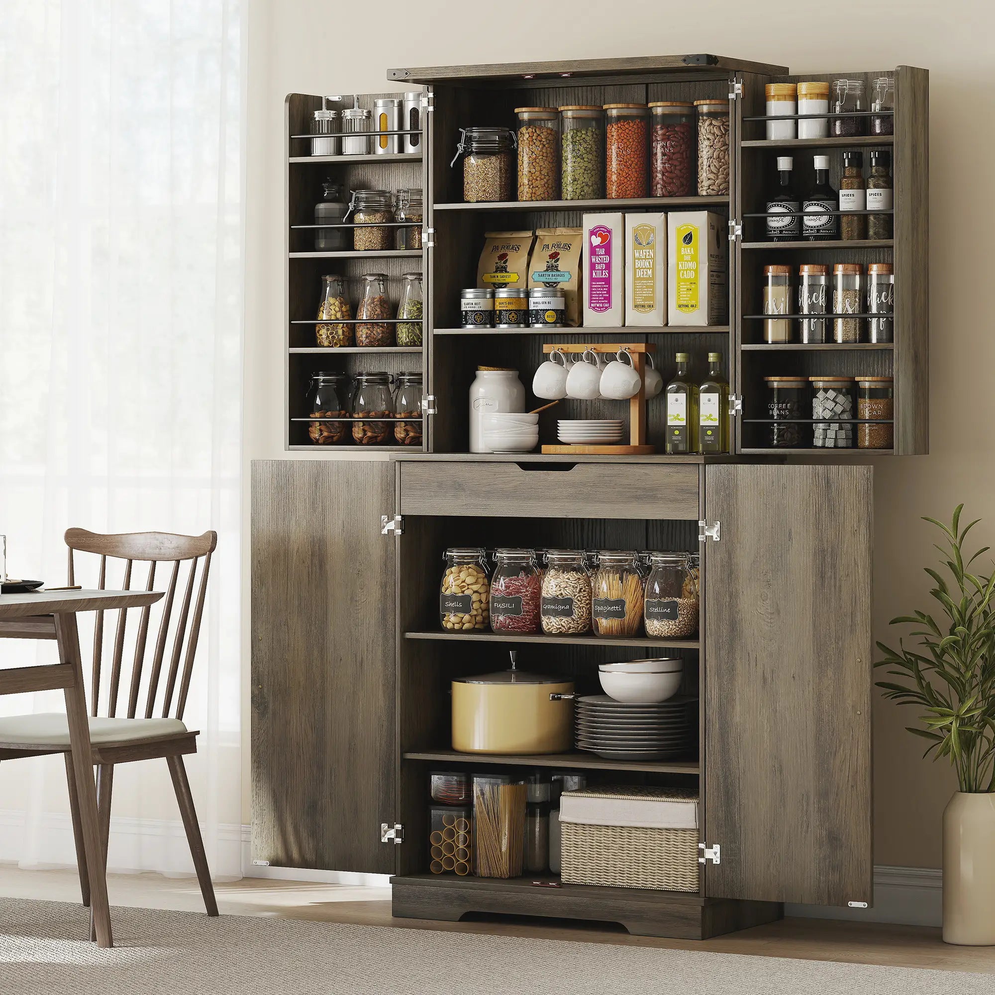72 Inch Kitchen Pantry Cabinet, Farmhouse Storage with 4 Doors, Drawer, Grey Kitchen Pantry Cabinets at Gallery Canada