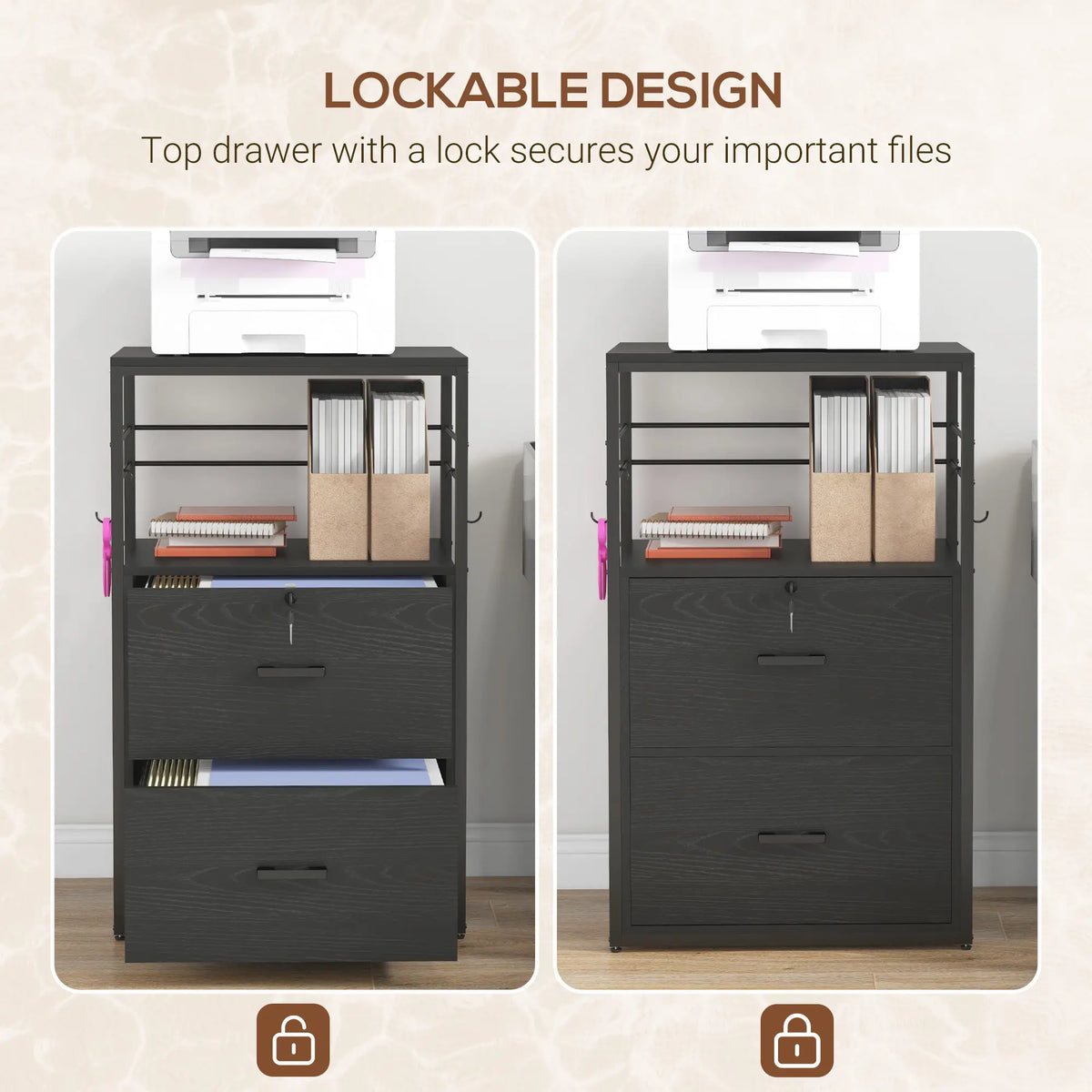 Lockable 2 Drawer Filing Cabinet, Adjustable Hanging Bar, Letter, A4, Legal Size, Black Office Cabinets & Cupboards at Gallery Canada