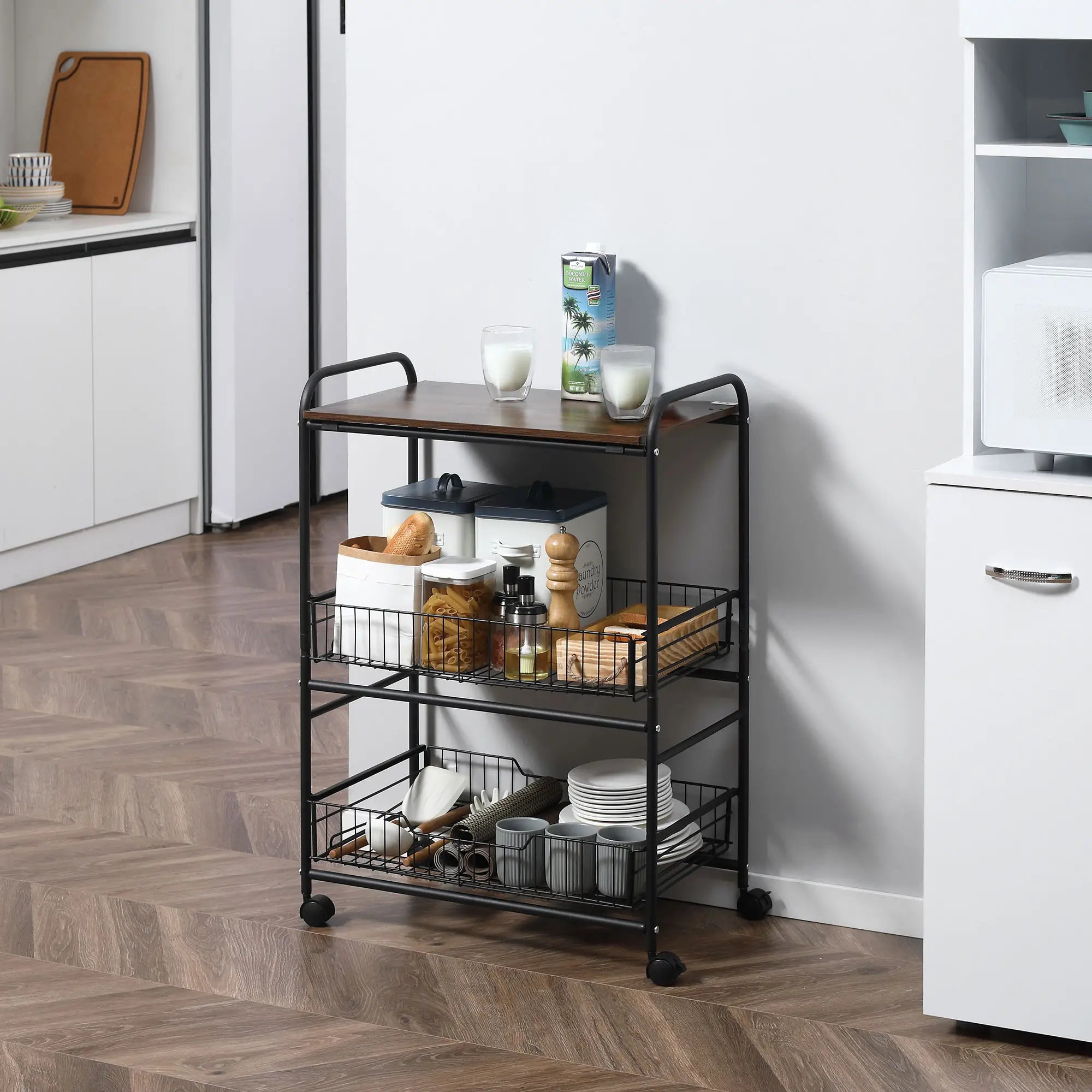 3-Tier Rolling Kitchen Cart, 2 Basket Drawers, Lockable Casters Kitchen Islands & Kitchen Carts at Gallery Canada