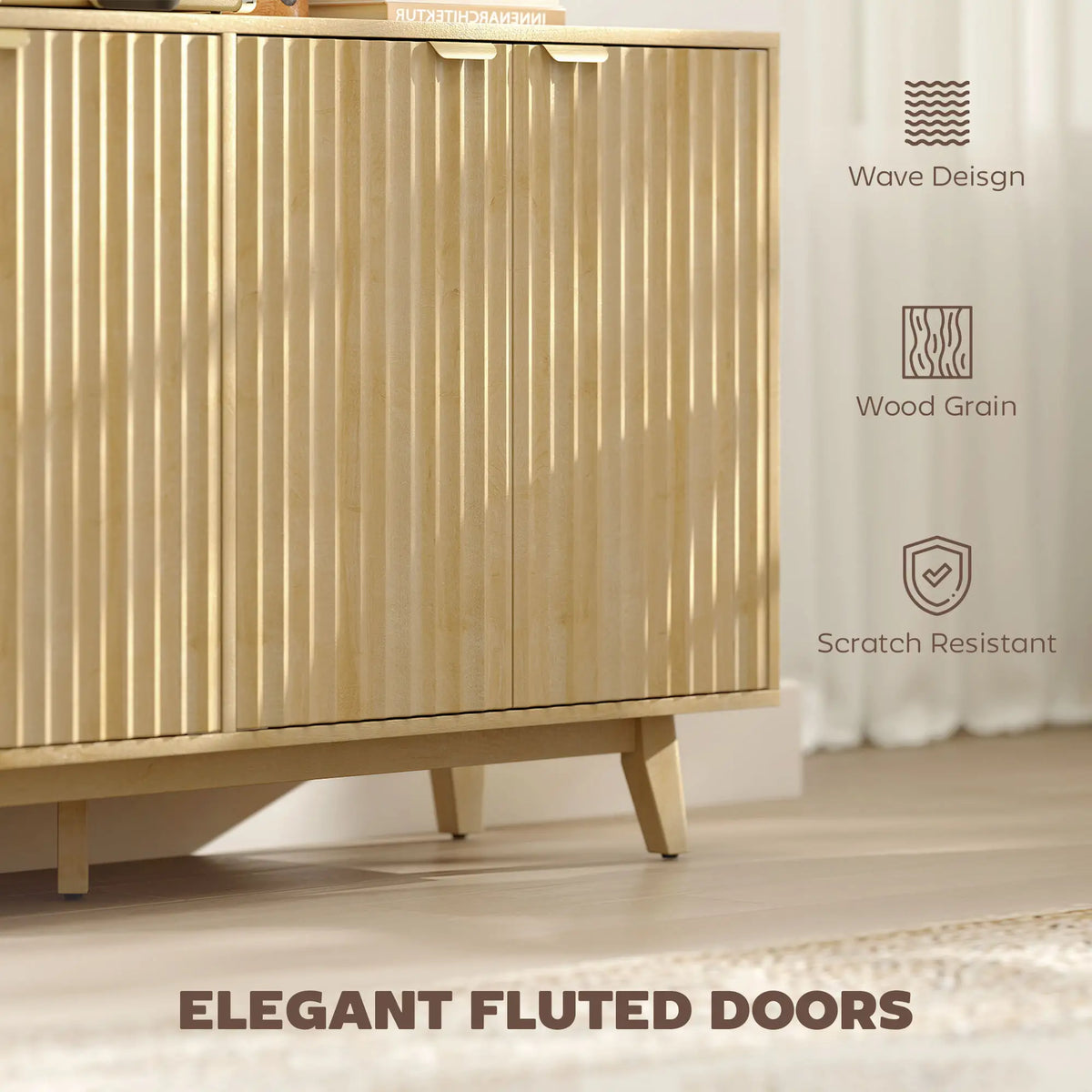 Fluted Sideboard Buffet, 55" Coffee Bar Cabinet, 4 Doors, 2 Shelves, Nature Wood Storage Cabinets at Gallery Canada
