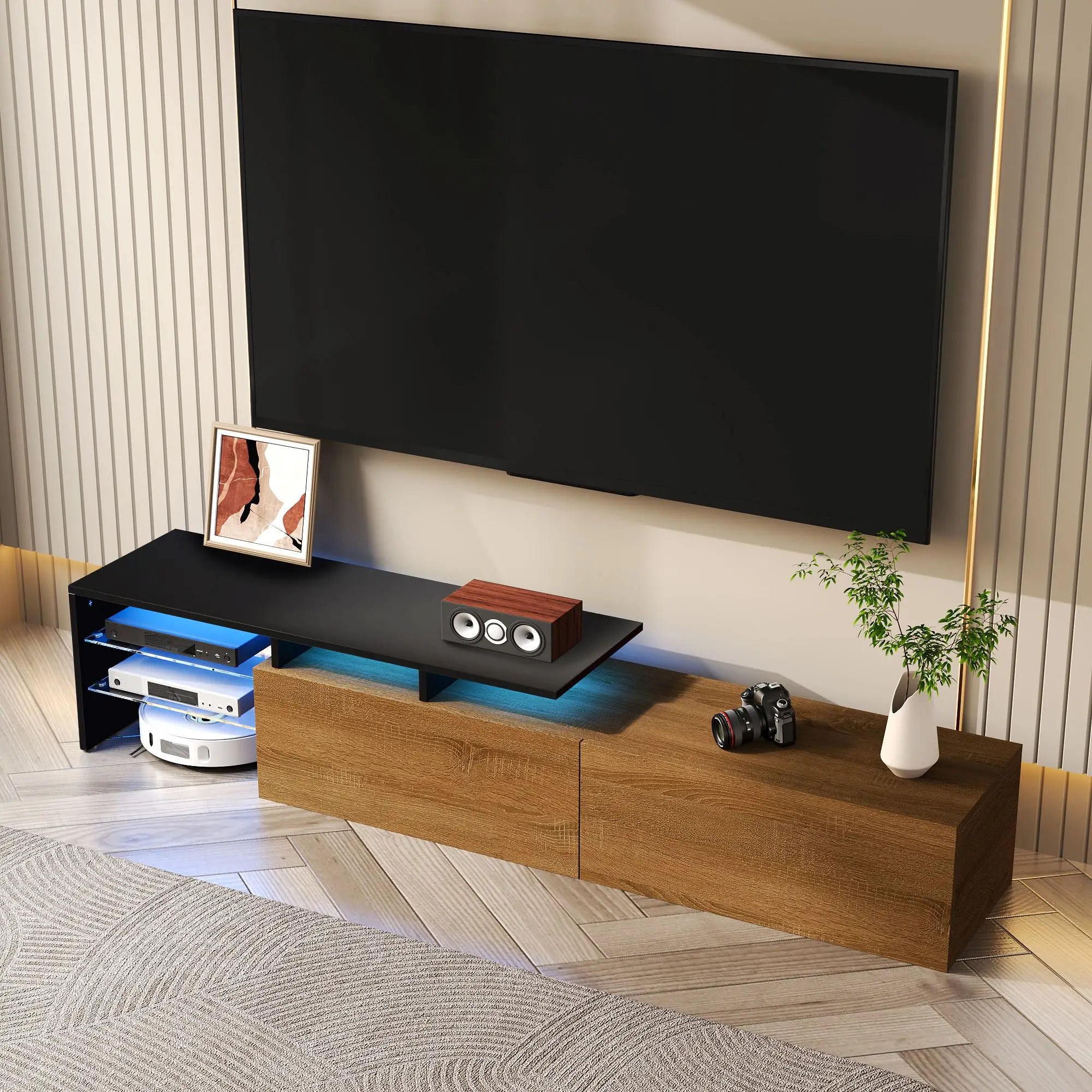 TV Stand With Glass Shelves, LED Lighting, 67