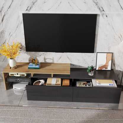 TV Cabinet With Glass Shelves, LED Lighting, 67" L x 13" W x 13" H, Natural, Black TV Stands at Gallery Canada