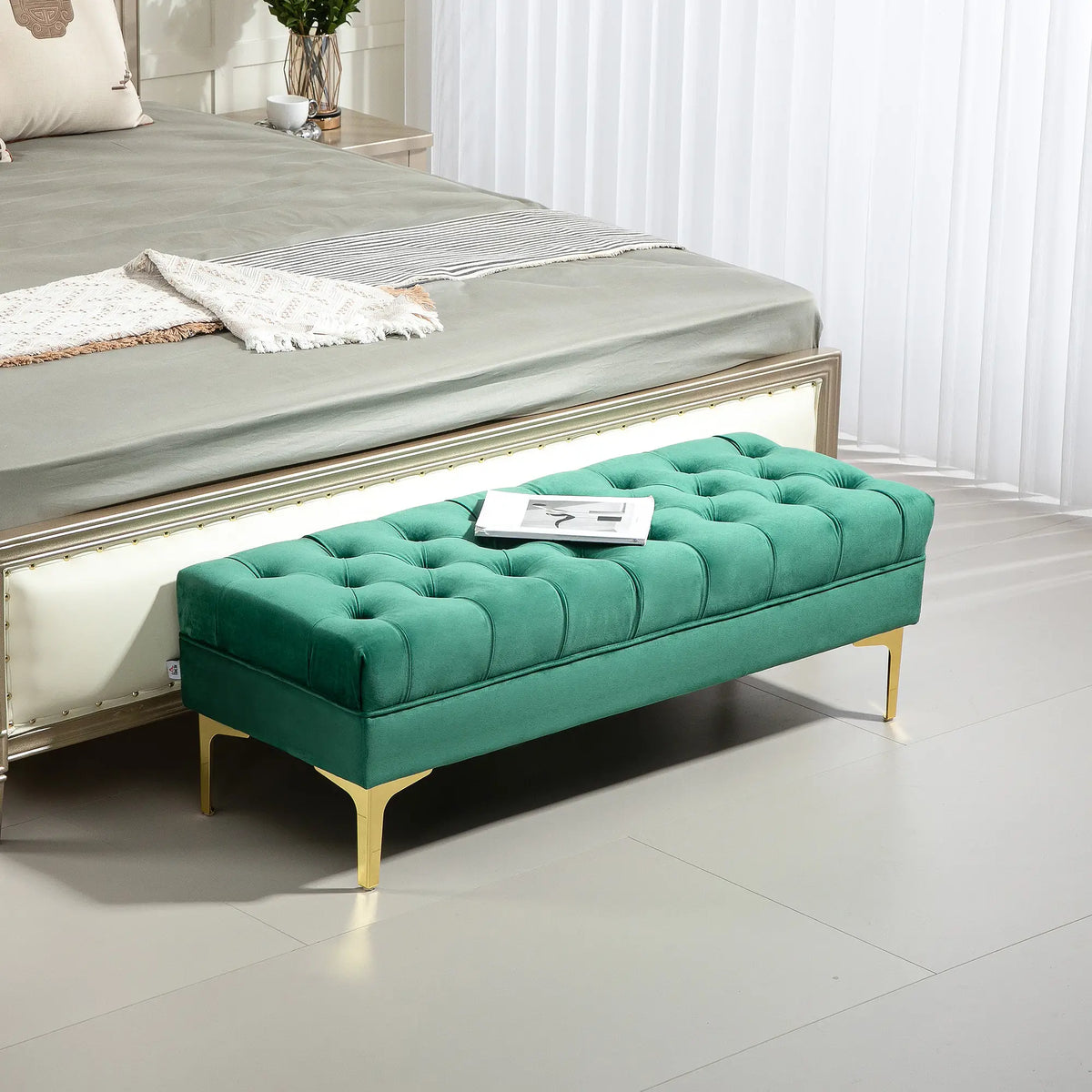Upholstered End of Bed Bench, Button Tufted, Dark Green Storage Ottomans & Benches at Gallery Canada