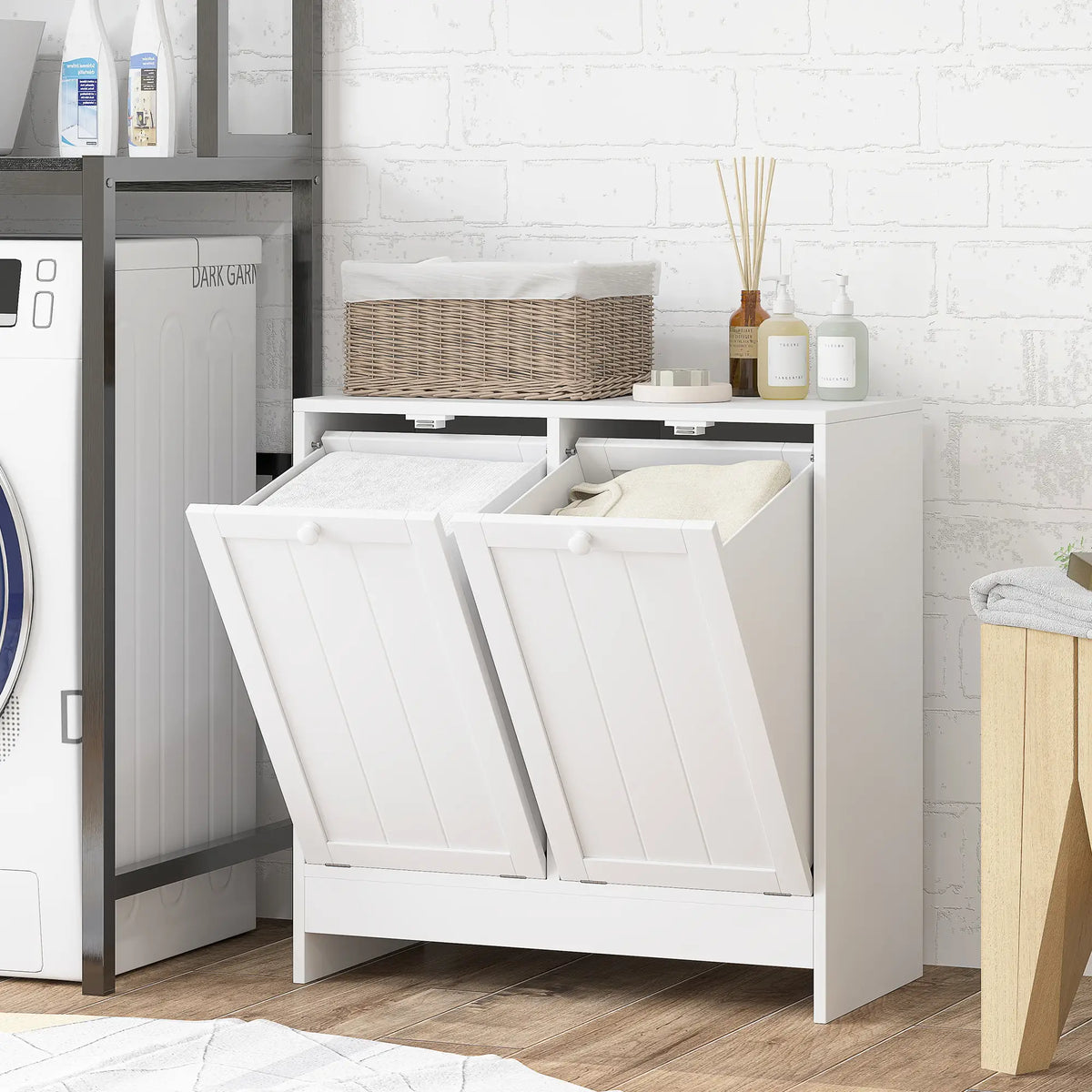 Tilt-Out Laundry Cabinet, 2 Compartment Hamper, White Bathroom Cabinets at Gallery Canada