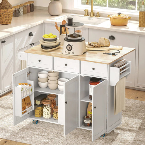 Kitchen Island on Wheels, Drop Leaf, Charging Station, Wood Top, Adjustable Shelf, White