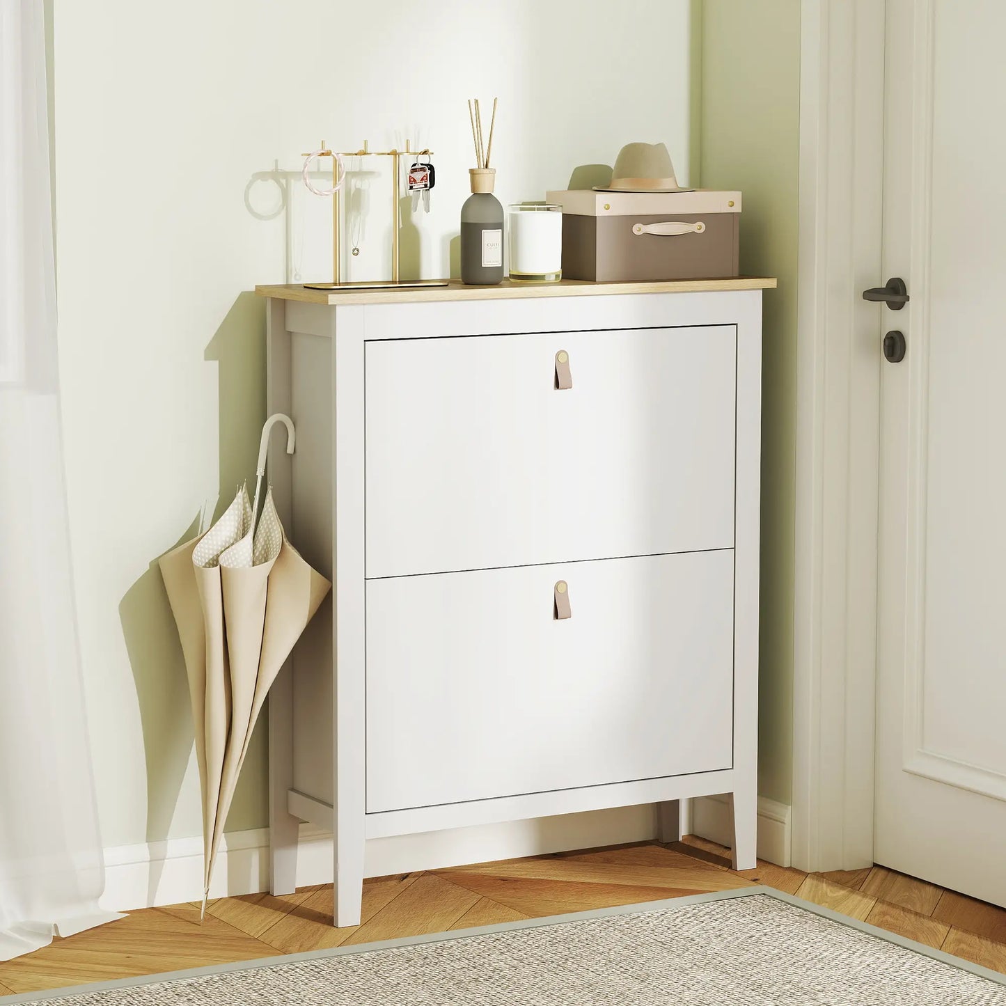 Narrow Shoe Cabinet, 2 Flip Drawers, Adjustable Shelves, Holds 10-14 Pairs, White Shoe Storage Cabinets & Racks at Gallery Canada