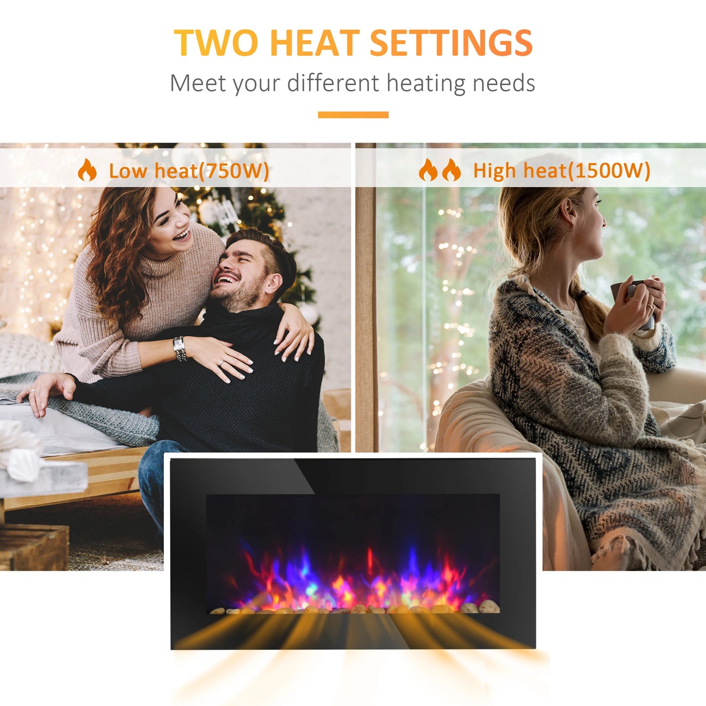 36" Wall-Mounted Electric Fireplace, 750/1500W, Flame Effect, 7 Color Light, Black Electric Fireplaces at Gallery Canada