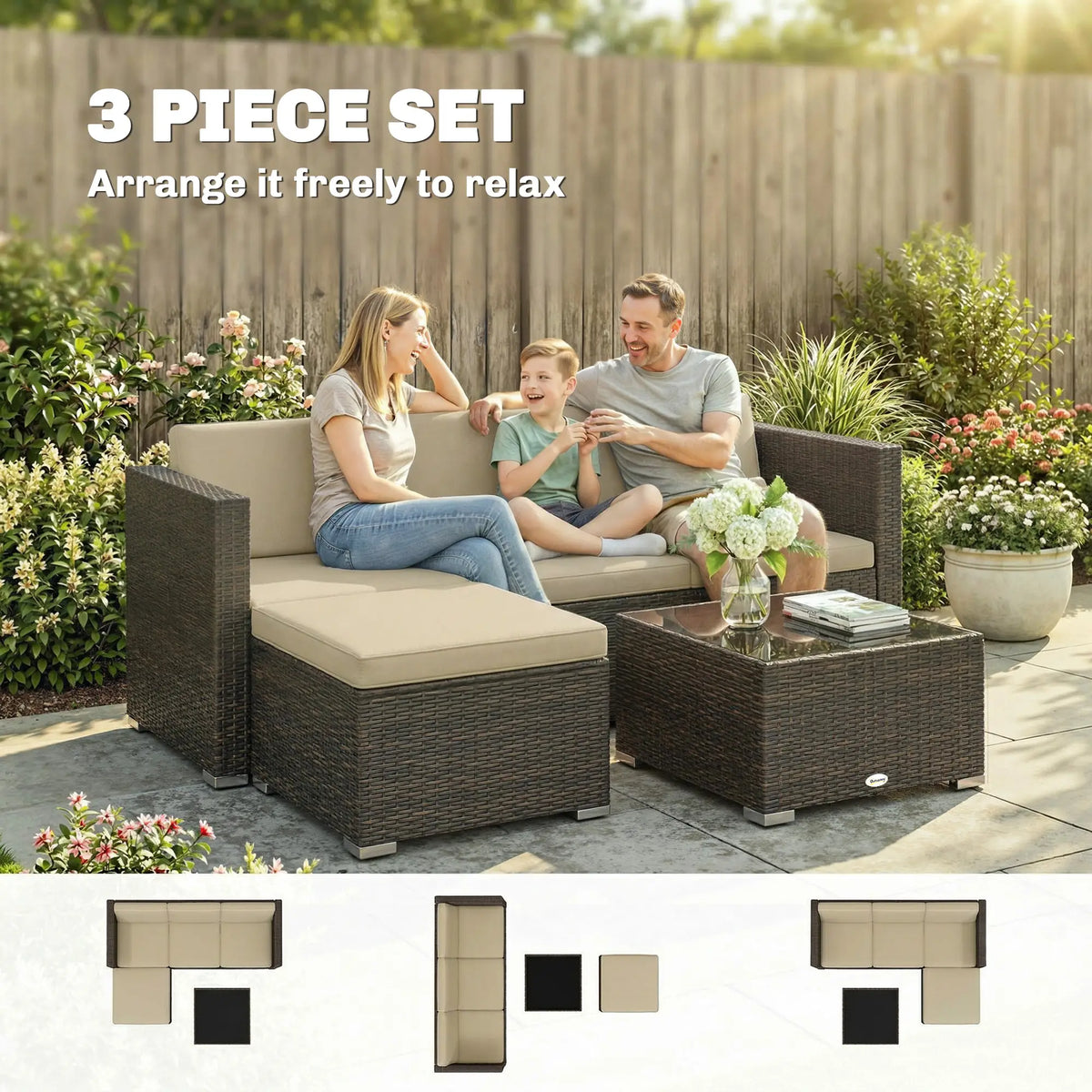 3-Piece Patio Furniture Set, Outdoor PE Rattan Sofa, Khaki Patio Furniture Sets at Gallery Canada