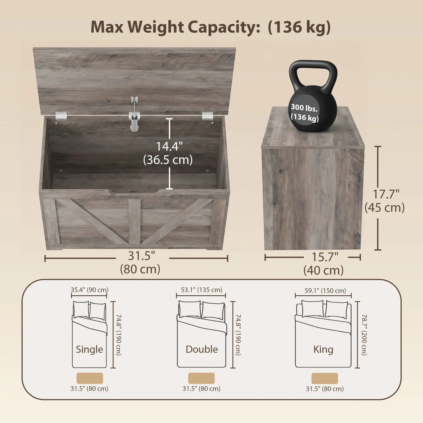 31.5" Storage Chest with Safety Hinge, Grey Wood Grain, Grey Storage Cabinets at Gallery Canada