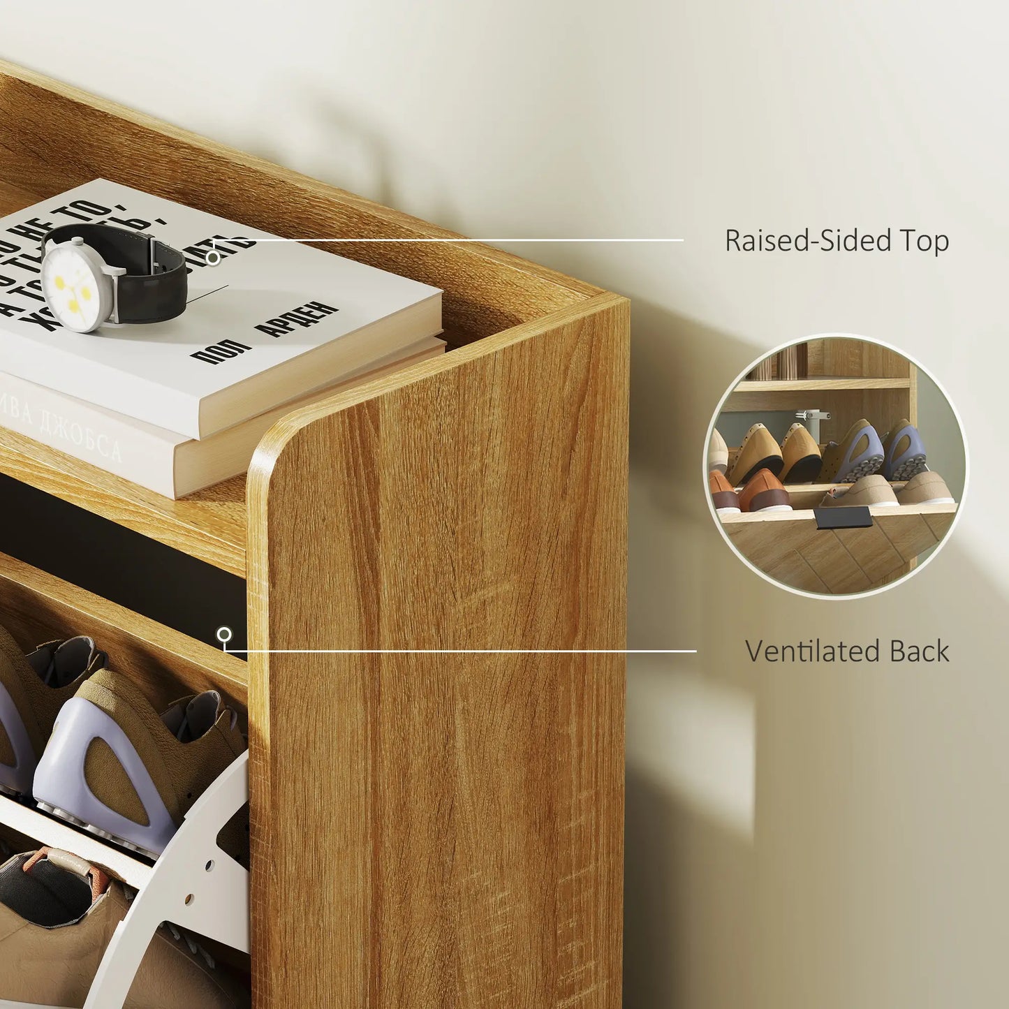 Narrow Shoe Storage Cabinet, 4 Flip Drawers, Holds 16 Pairs, Oak Shoe Storage Cabinets & Racks at Gallery Canada