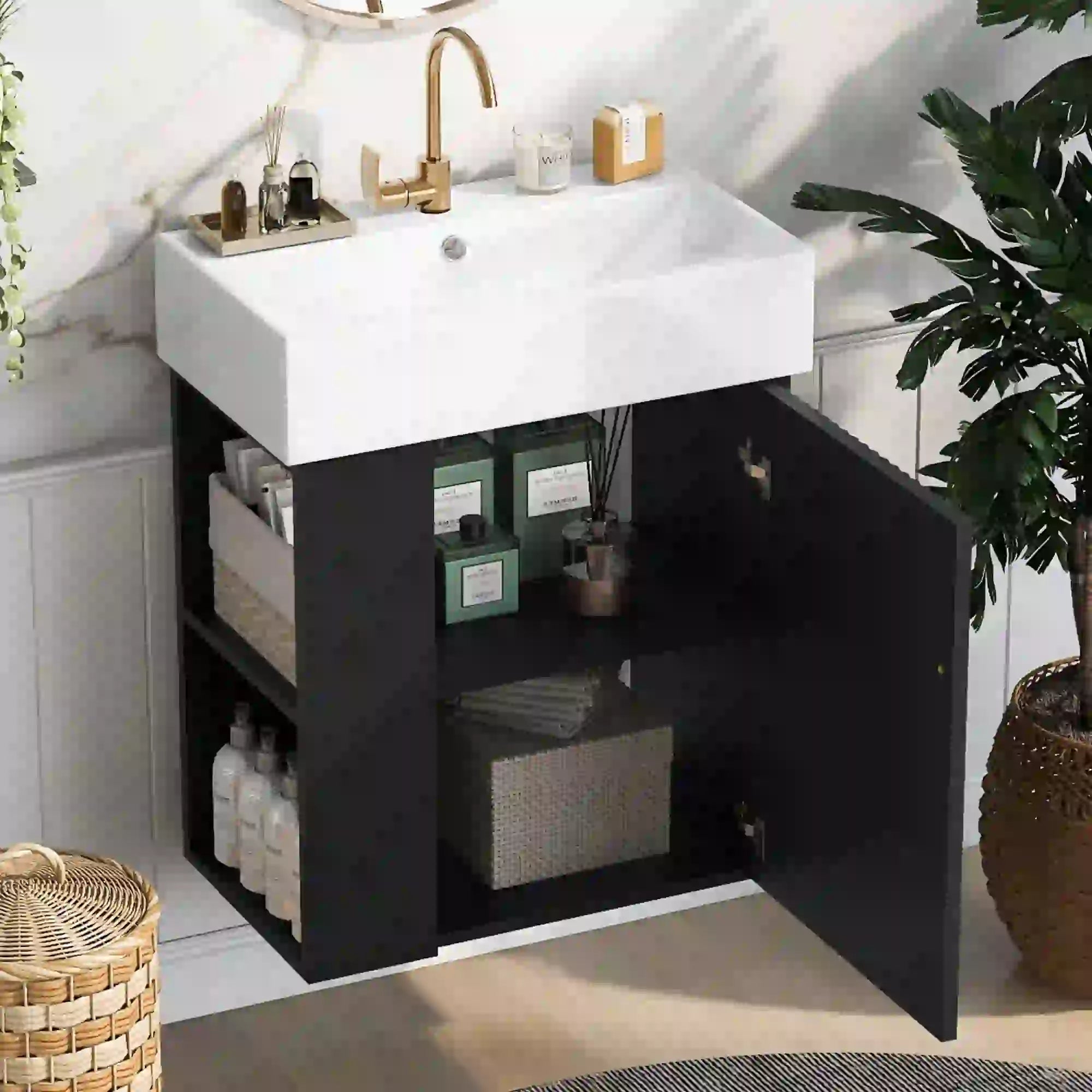 Floating Bathroom Vanity, Ceramic Basin, Side Storage, 21.5