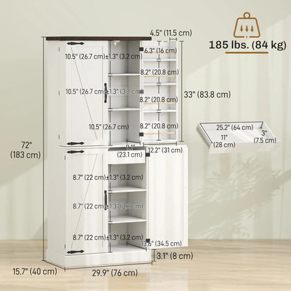 72" Tall Kitchen Pantry Cabinet, Farmhouse Storage Cabinet with 8 Door Racks and Adjustable Shelves, White Kitchen Pantry Cabinets at Gallery Canada