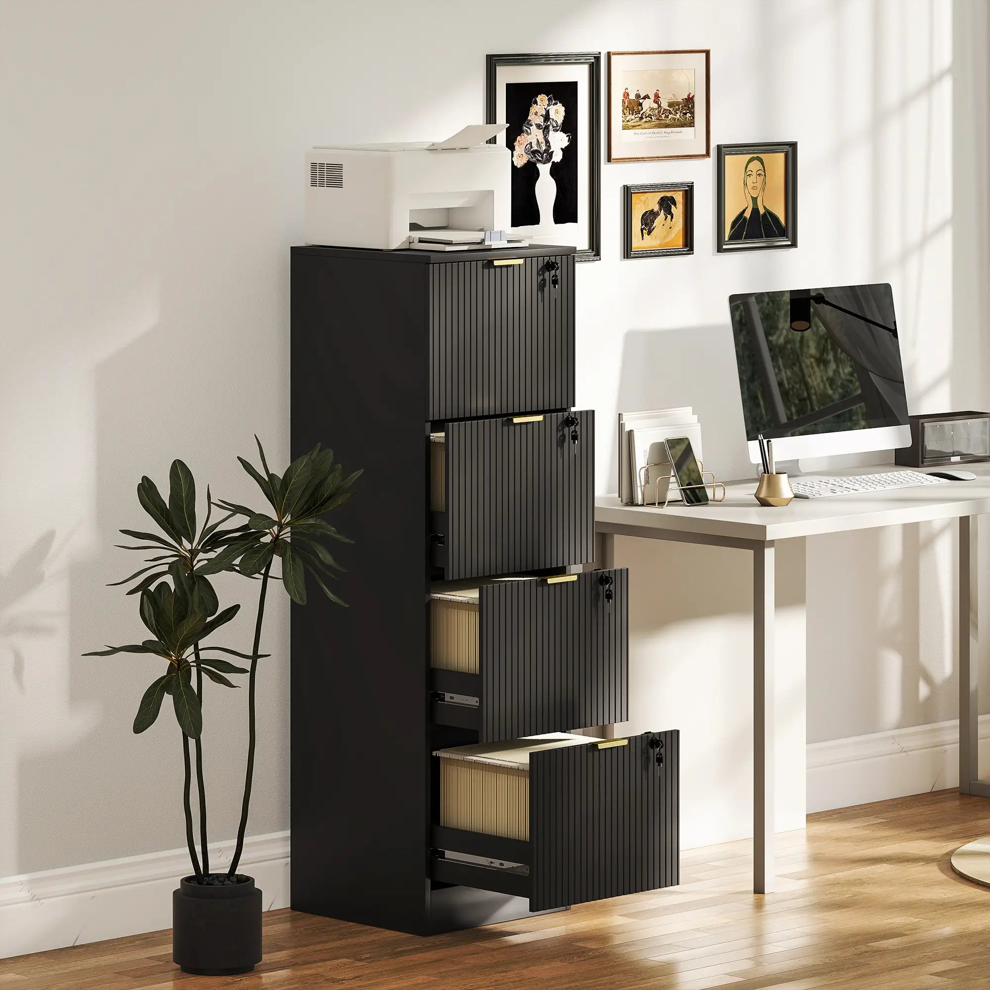 Lockable 4 Drawer Filing Cabinet, Adjustable Hanging Rails, Black Office Cabinets & Cupboards at Gallery Canada