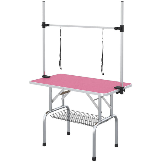 Adjustable Dog Grooming Table, 2 Safety Slings, Storage Basket, Pink Dog Grooming Tables Pink at Gallery Canada