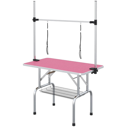 Adjustable Dog Grooming Table, 2 Safety Slings, Storage Basket, Pink