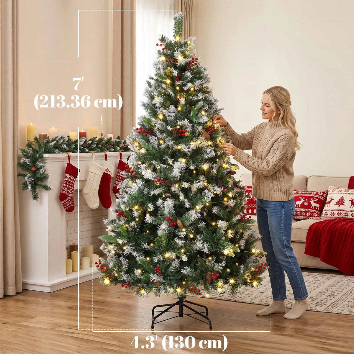 7ft Flocked Prelit Spruce Christmas Tree, Dual Colour, Remote, Hinged, Dual Colour Pencil Christmas Trees at Gallery Canada