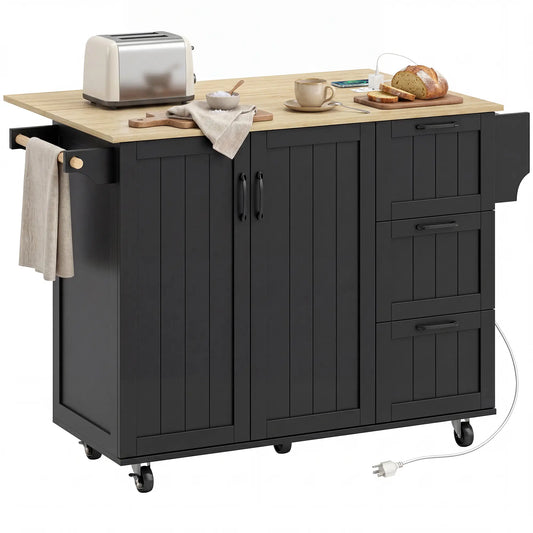 Kitchen Island with Drop Leaf, Rolling Cart, Power Outlet, Black Kitchen Islands & Kitchen Carts Black, Oak Wood Grain at Gallery Canada