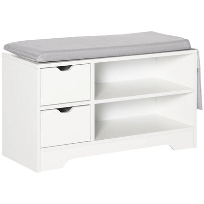 Upholstered Shoe Storage Bench With Seat, Drawer, Open Shelves, White Shoe Storage Cabinets & Racks White Panel, Grey Cushion at Gallery Canada