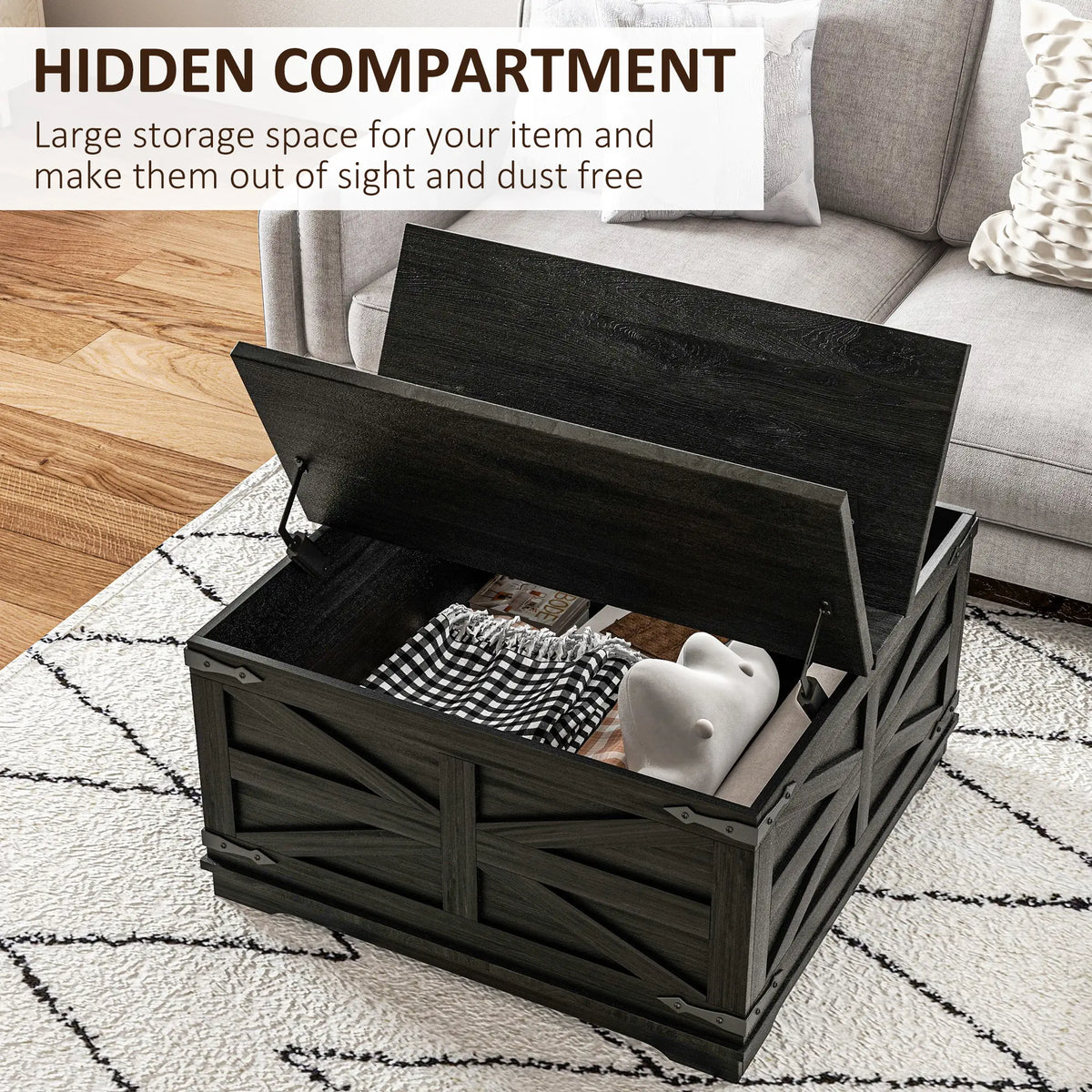 Farmhouse Coffee Table, Square Flip-Top Lid, Hidden Storage, Black Coffee Tables at Gallery Canada