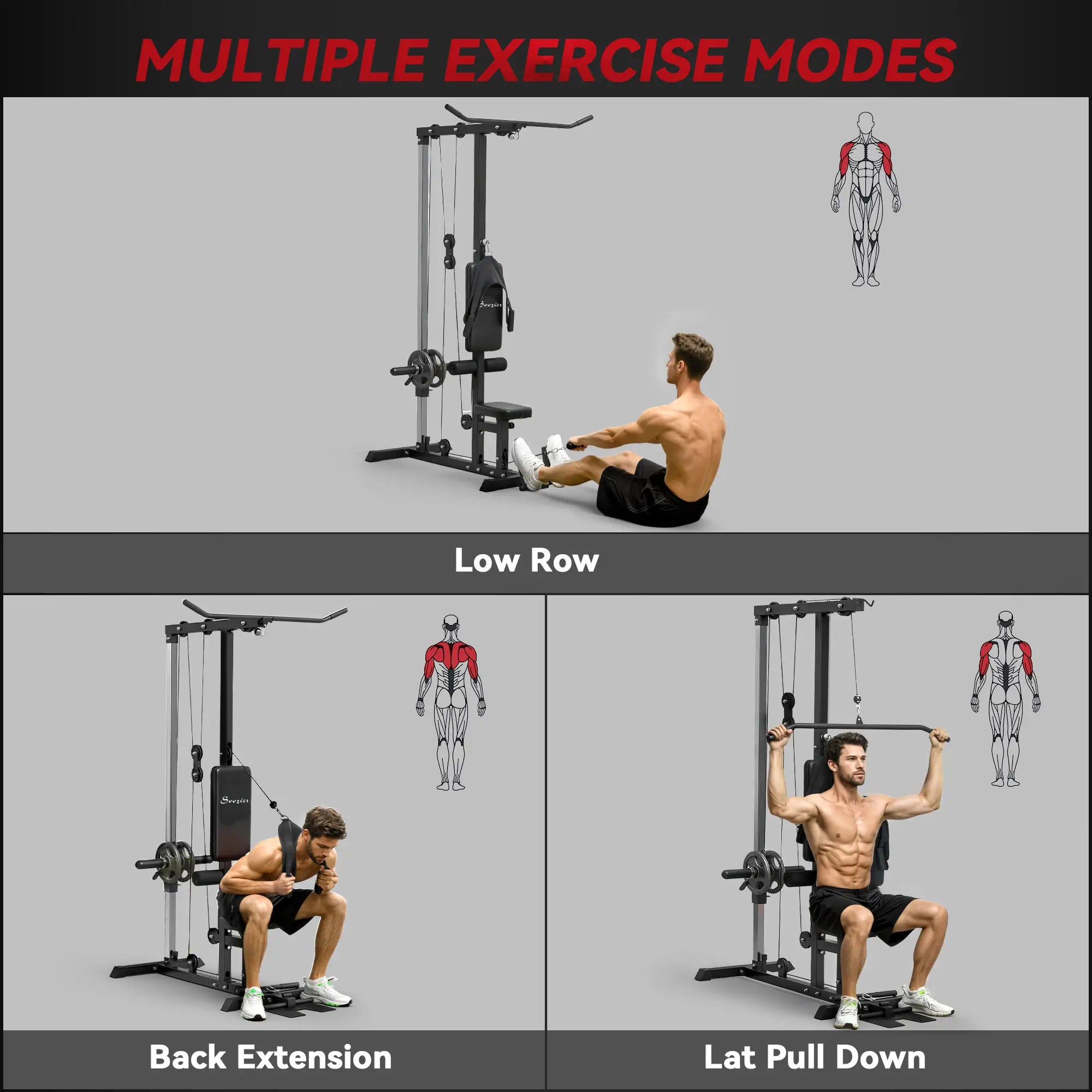 Lat Pull Down Machine, High Low Pulley, Adjustable Seat, Flip-Up Footplate, Black Power Towers at Gallery Canada