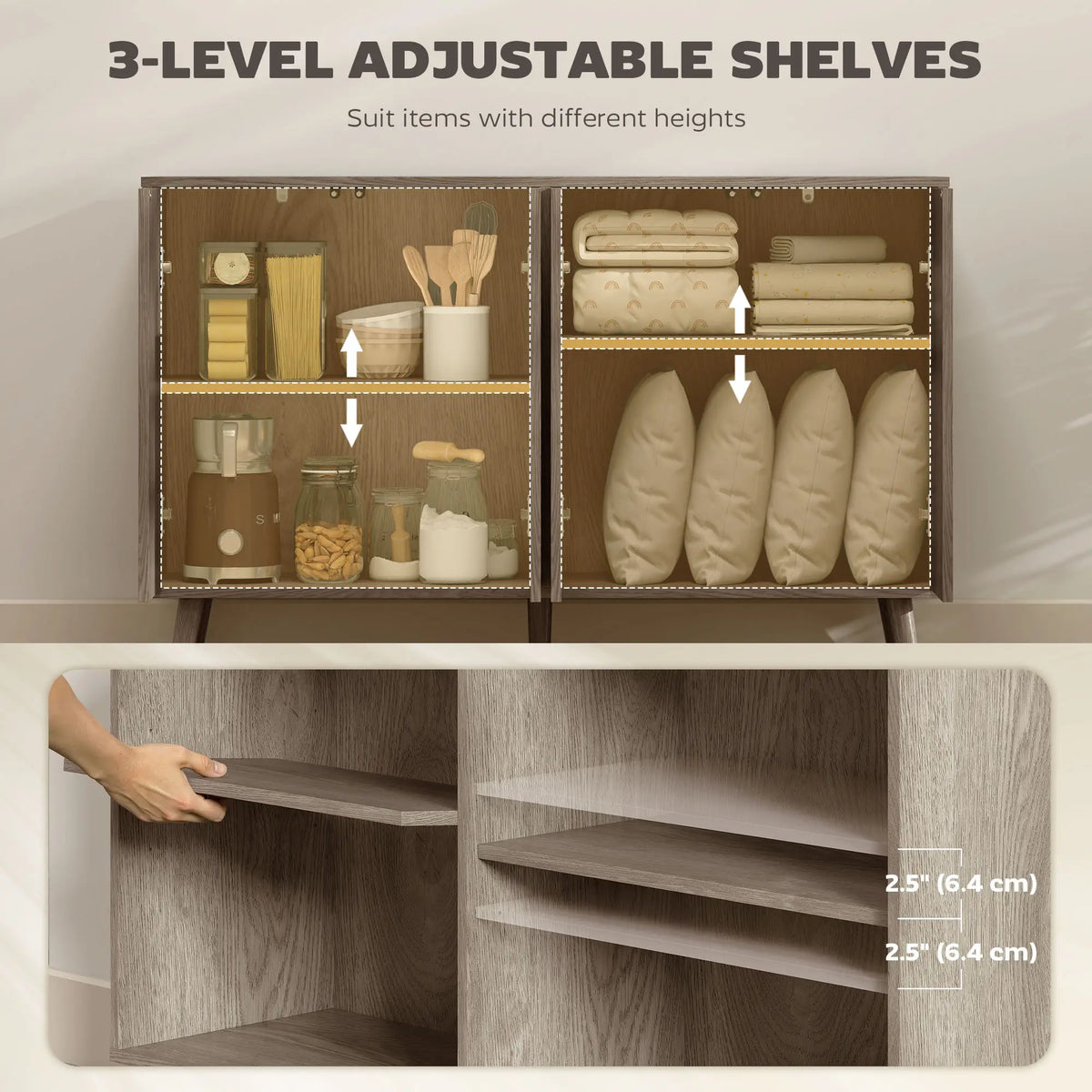 Fluted Sideboard with Adjustable Shelves, Light Grey Bar Cabinets at Gallery Canada