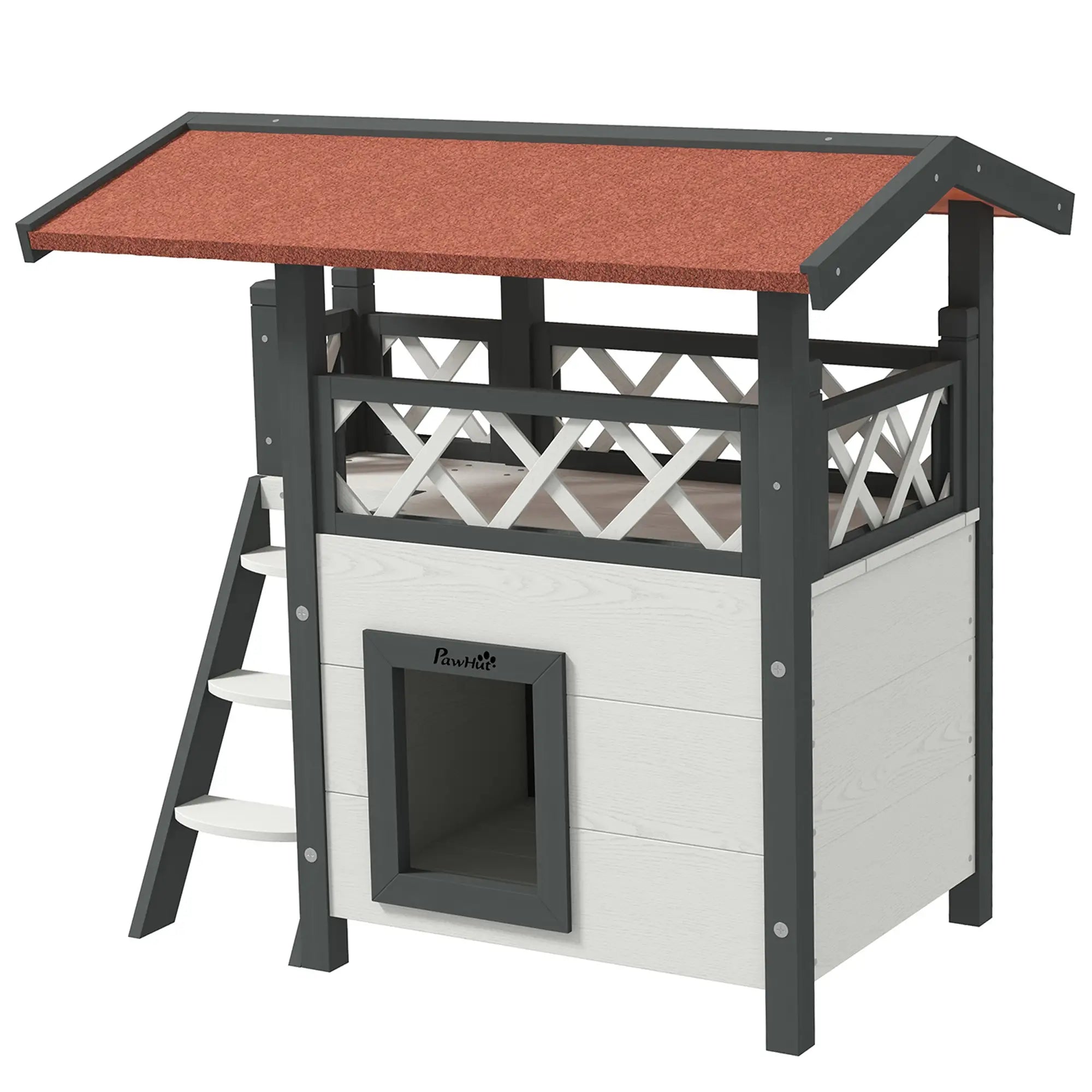 Wooden 2-Story Cat Shelter, Asphalt Roof, Stairs, Balcony, 30