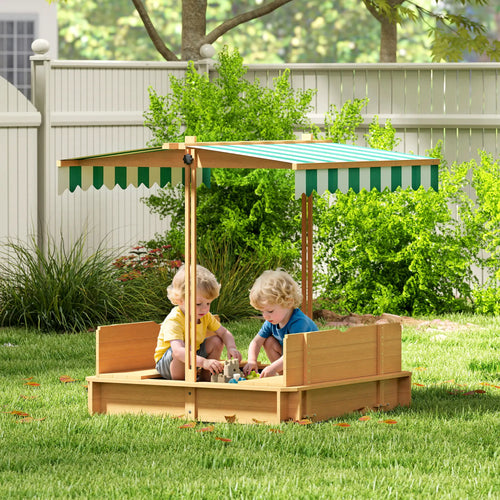 Wooden Kids Sandbox with Cover, Foldable Bench Seats, Adjustable Canopy, Light Brown