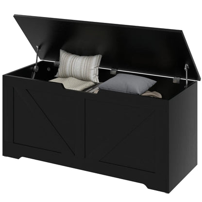39.4 Inches Storage Chest, Wooden Box with Safety Hinges, Wood Grain, Black Storage Cabinets Black Wood Grain at Gallery Canada
