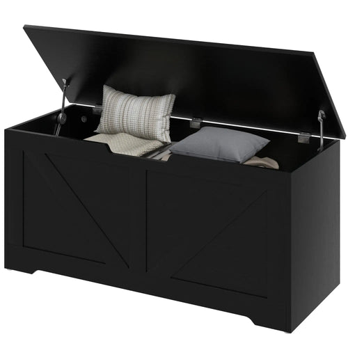 39.4 Inches Storage Chest, Wooden Box with Safety Hinges, Wood Grain, Black