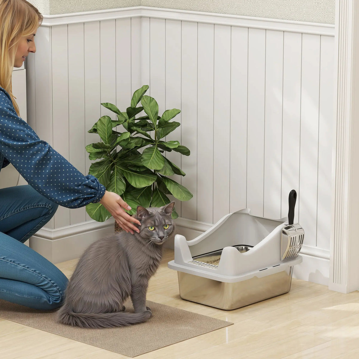 Stainless Steel Cat Litter Box, 17" x 13" x 10", Metal Scoop, Grey Cat Litter Box Enclosures at Gallery Canada