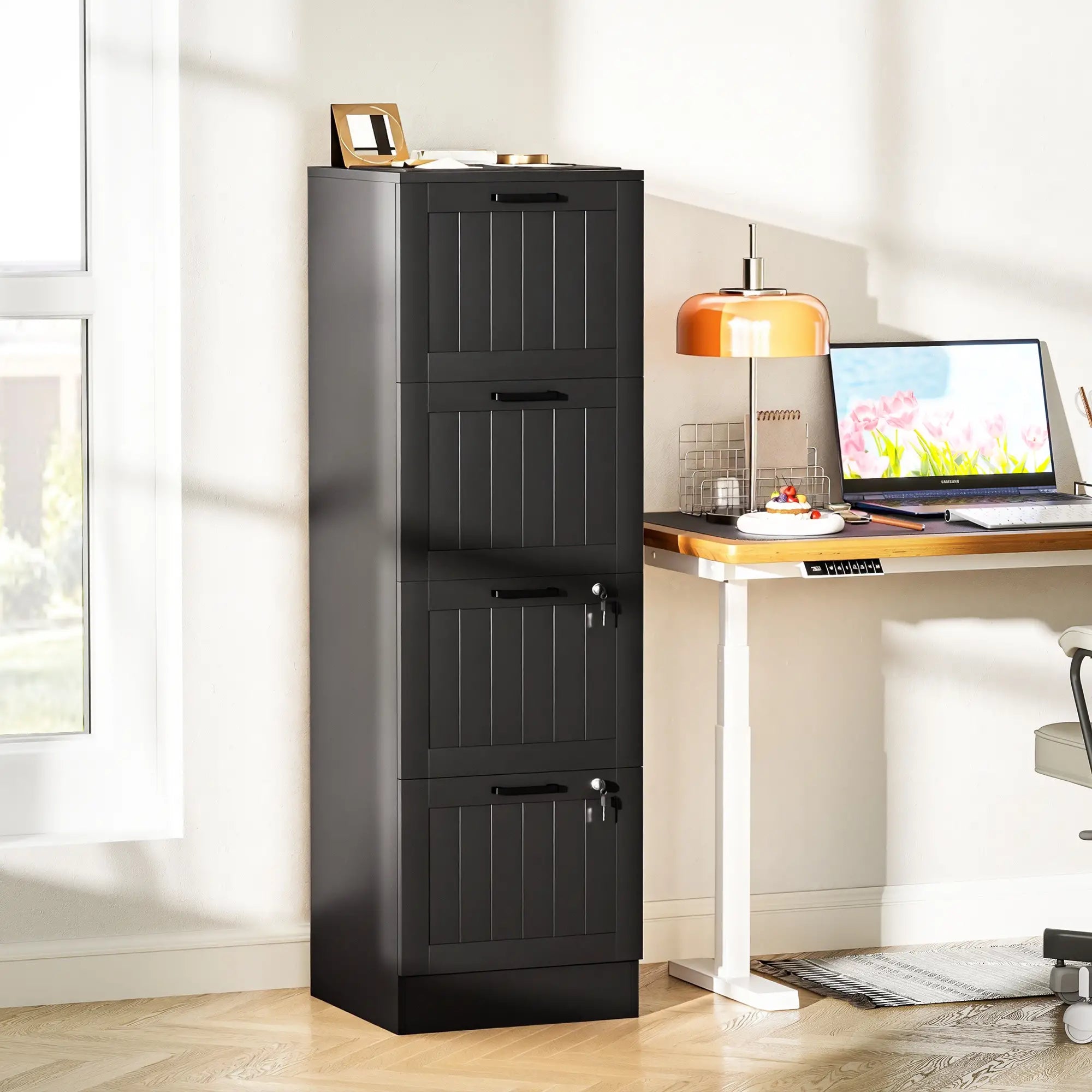 4 Drawer Filing Cabinet with Lock, Adjustable Hanging Bars, Black Office Cabinets & Cupboards at Gallery Canada