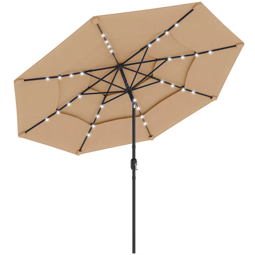9.3 ft Patio Umbrella With Solar LED Lights, Cover, Tilt, Crank, Khaki