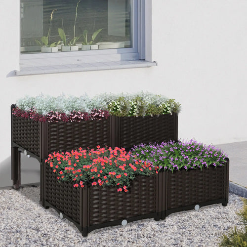 4 Piece Raised Garden Bed, PP, Vegetable Herb Grow Box, Brown