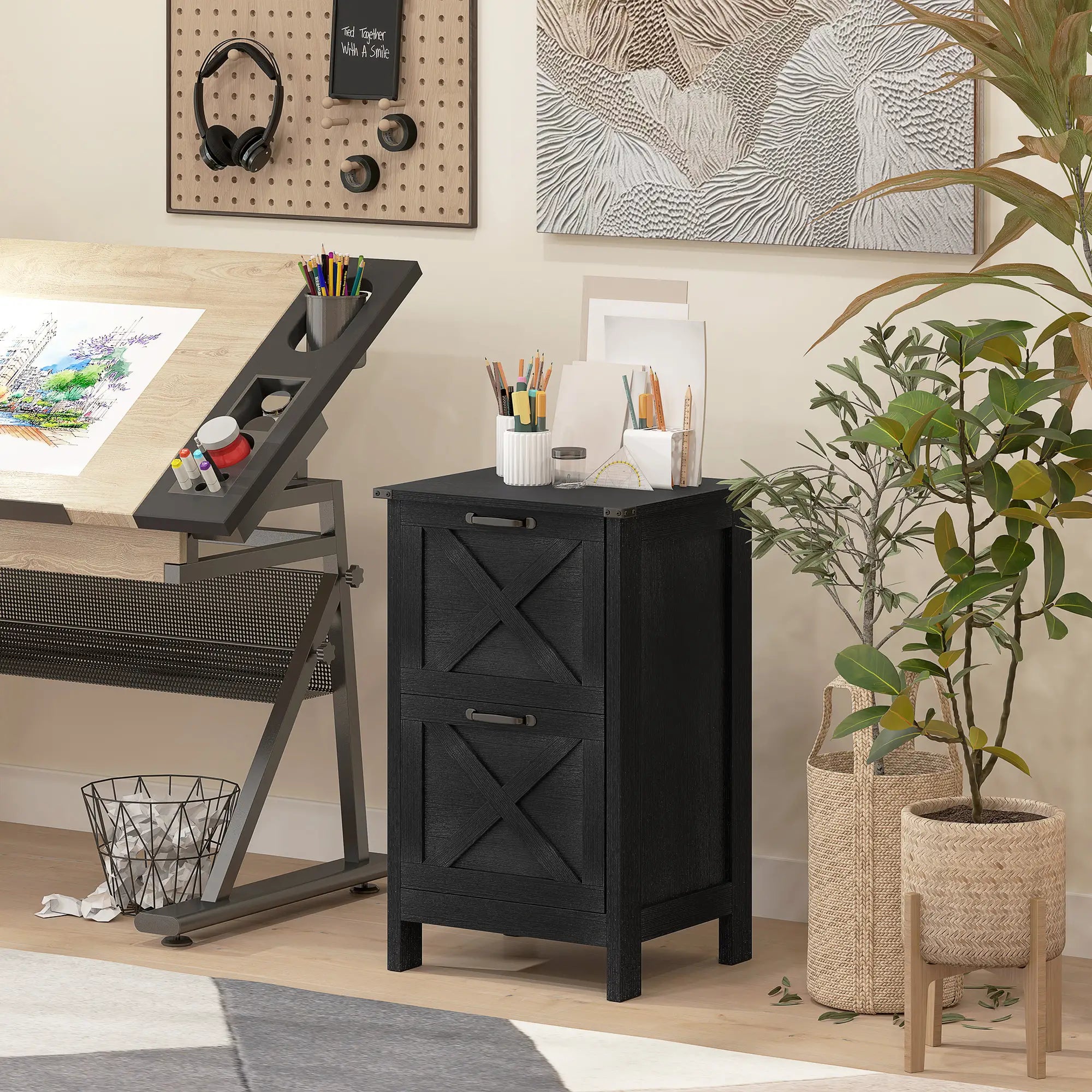 Vertical 2-Drawer Filing Cabinet, Rustic Farmhouse, A4 Letter Size, Distressed Black, Black Office Cabinets & Cupboards at Gallery Canada
