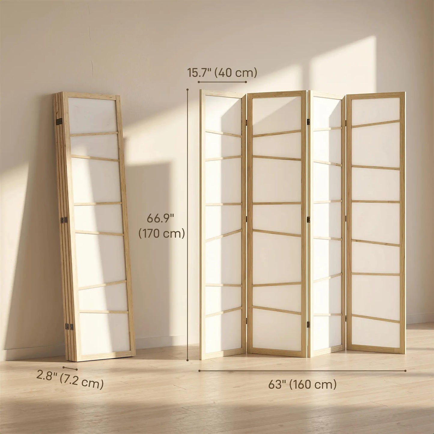 66.9" Folding Room Divider, 4 Panel Wood Frame, Natural Wood Room Dividers at Gallery Canada