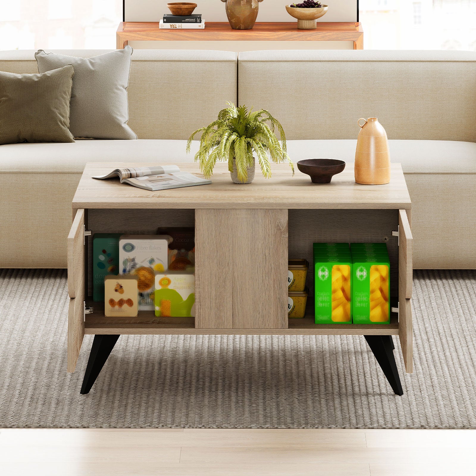 Farmhouse Modern Coffee Table With Storage, Natural Coffee Tables at Gallery Canada
