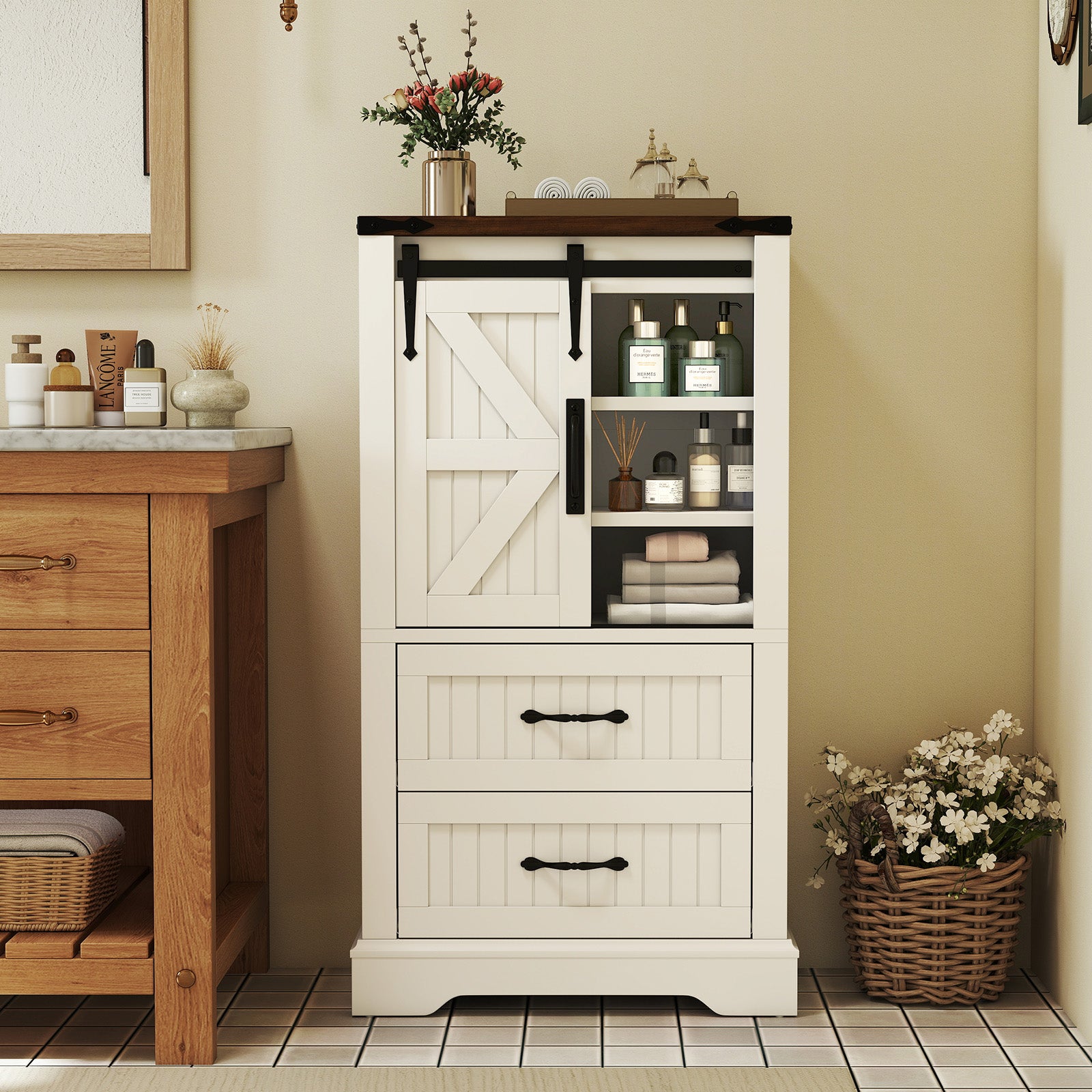 Farmhouse Bathroom Floor Cabinet, Freestanding Wooden Storage Organizer, White Floor Cabinets at Gallery Canada