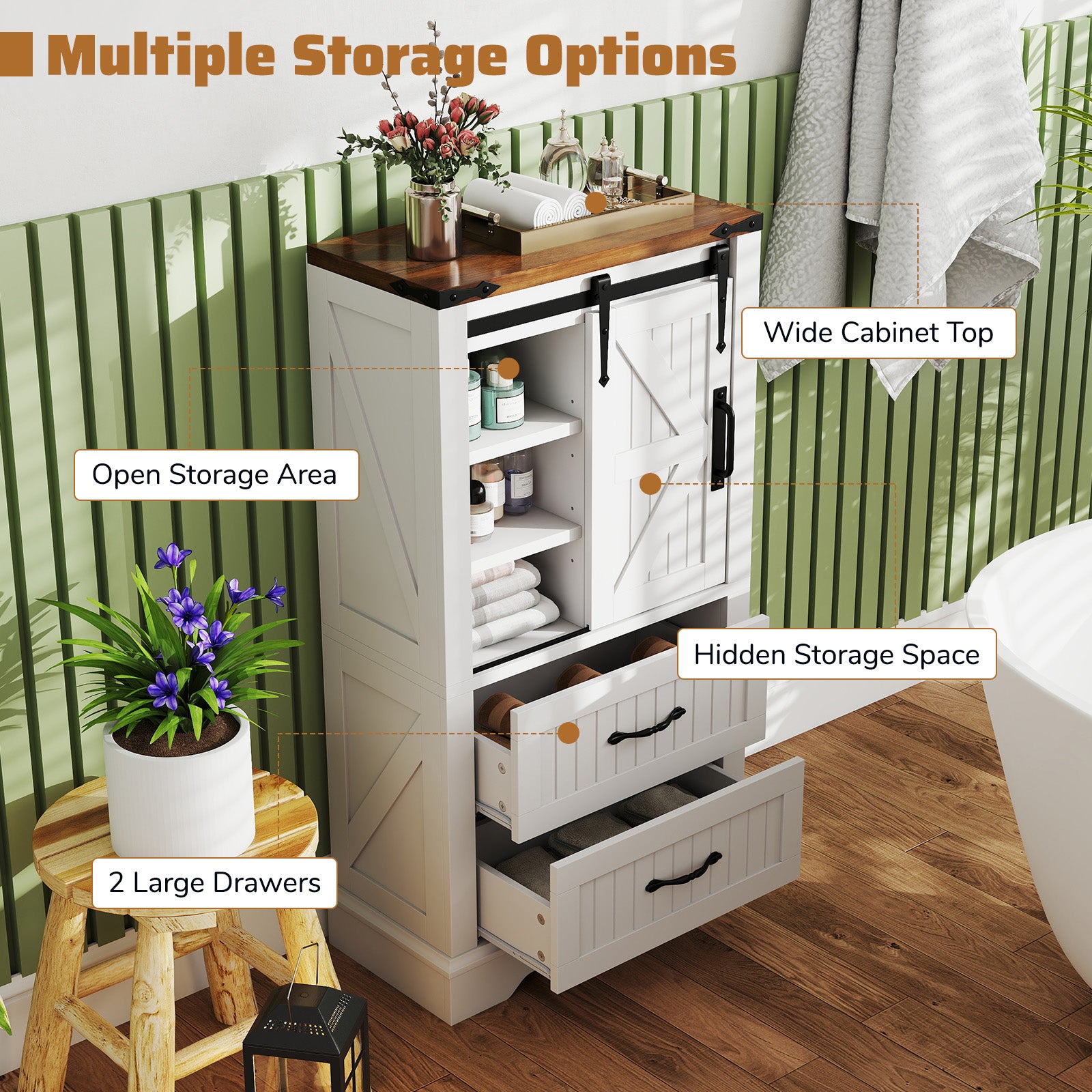 Farmhouse Bathroom Floor Cabinet, Freestanding Wooden Storage Organizer, White Floor Cabinets at Gallery Canada